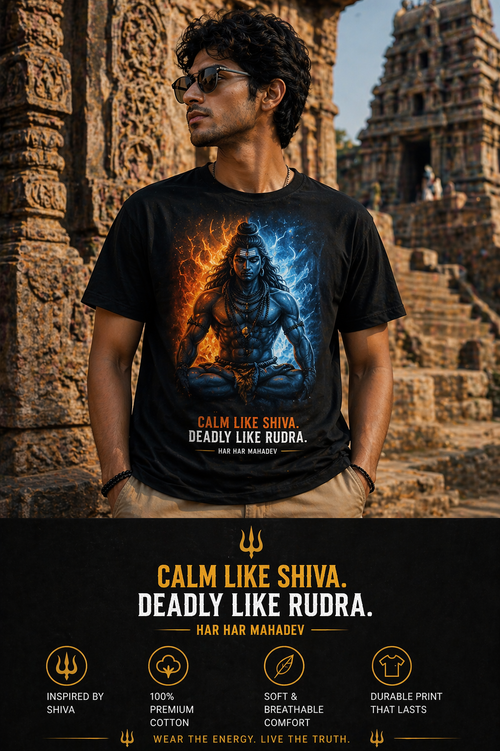 The Rudra's Balance oversized t-shirt in black – Rudra Shiva fire ice mythology graphic tee DesiThreads