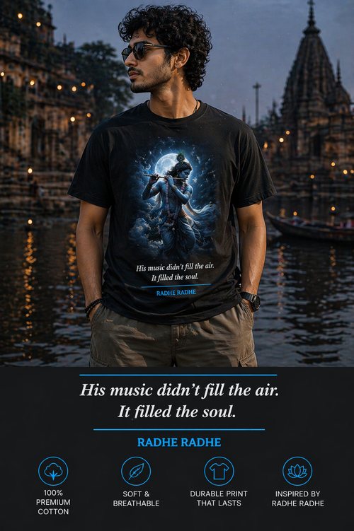 The Soulful Melody oversized t-shirt in navy blue – Lord Krishna flute mythology graphic tee DesiThreads