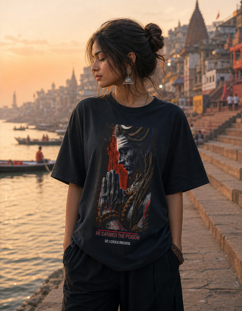 The Neelkanth oversized t-shirt in black – Lord Shiva Neelkanth mythology graphic tee DesiThreads