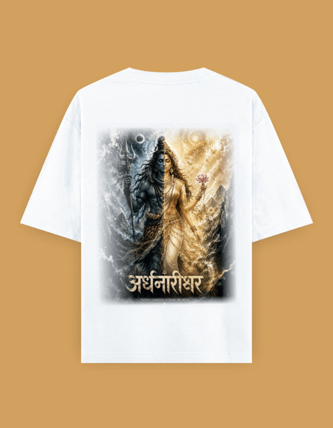 The Ardhanarishvara Oversized T-Shirt - Full Ardhanarishvara Back Print Shiva Parvati Divine Union - DesiThreads