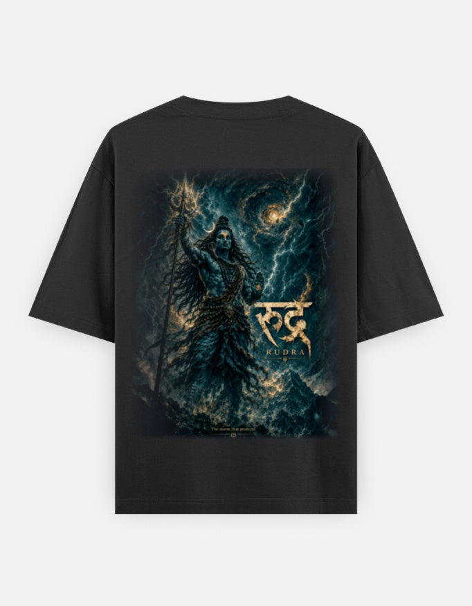 The Rudra Oversized T-Shirt - Full Rudra Storm Back Print Shiva with Trishul - DesiThreads
