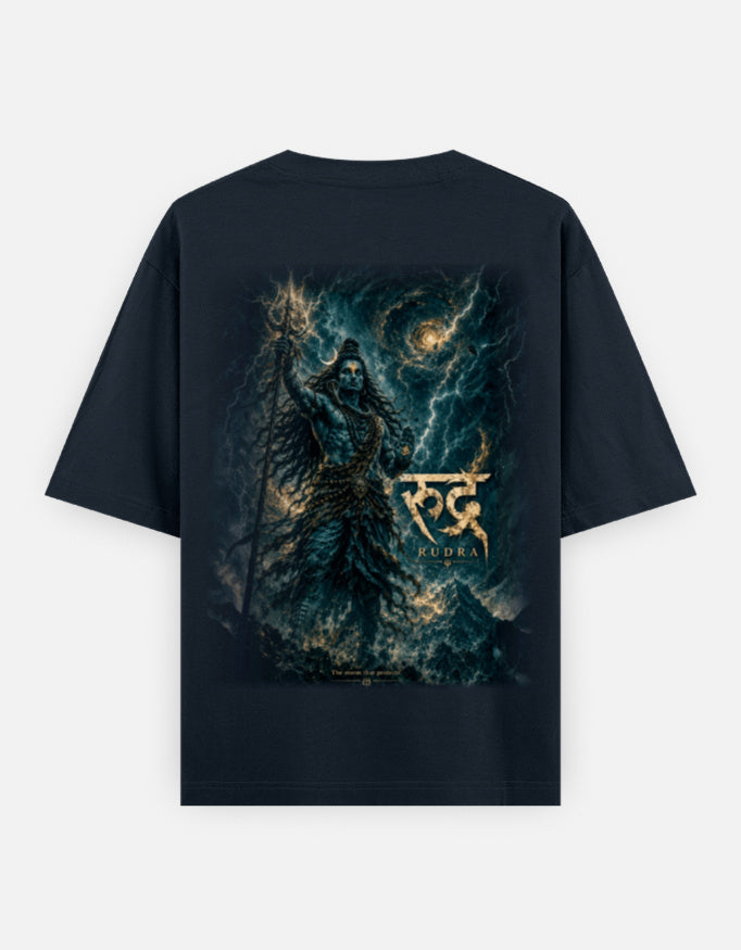 The Rudra Oversized T-Shirt - Rudra Back Print Detail Black Tee - DesiThreads