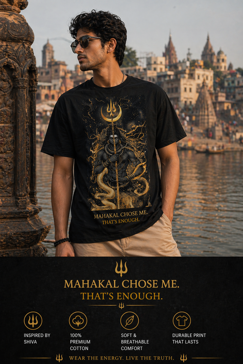The Chosen By Mahakal oversized t-shirt in black – Lord Shiva Mahakal mythology graphic tee DesiThreads