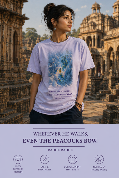 The Divine Path oversized t-shirt in lavender – Lord Krishna mythology graphic tee DesiThreads