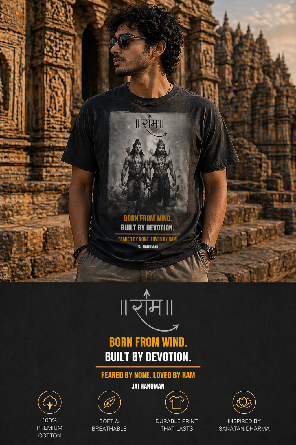 The Divine Bond regular t-shirt in black – Ram Hanuman mythology graphic tee DesiThreads India