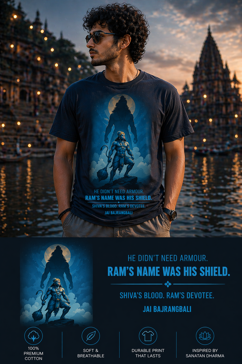 The Shield of Ram oversized t-shirt in navy blue – Hanuman Ram mythology graphic tee DesiThreads