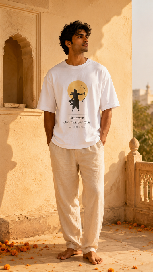 One Arrow One Truth oversized t-shirt in white – Lord Ram dharma mythology graphic tee DesiThreads India