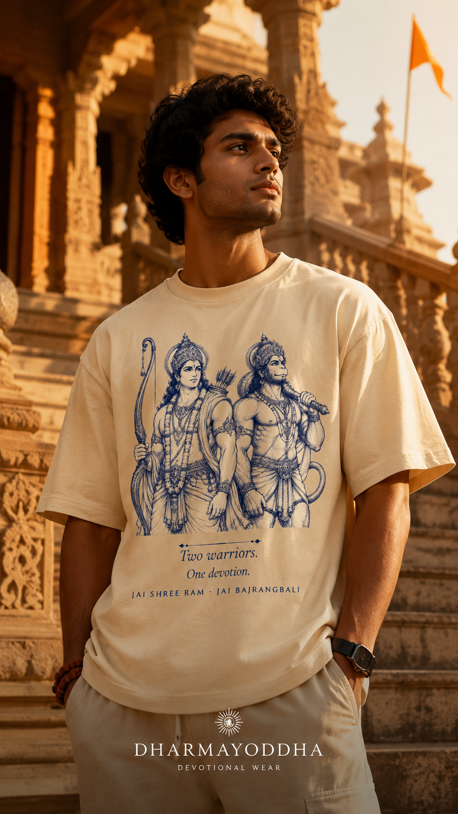 Two Warriors One Devotion oversized t-shirt in grey melange – Ram Hanuman mythology graphic tee DesiThreads