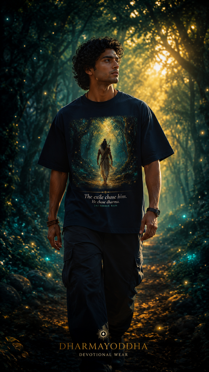 The Exile Chose Dharma oversized t-shirt in navy – Lord Ram exile dharma mythology graphic tee DesiThreads