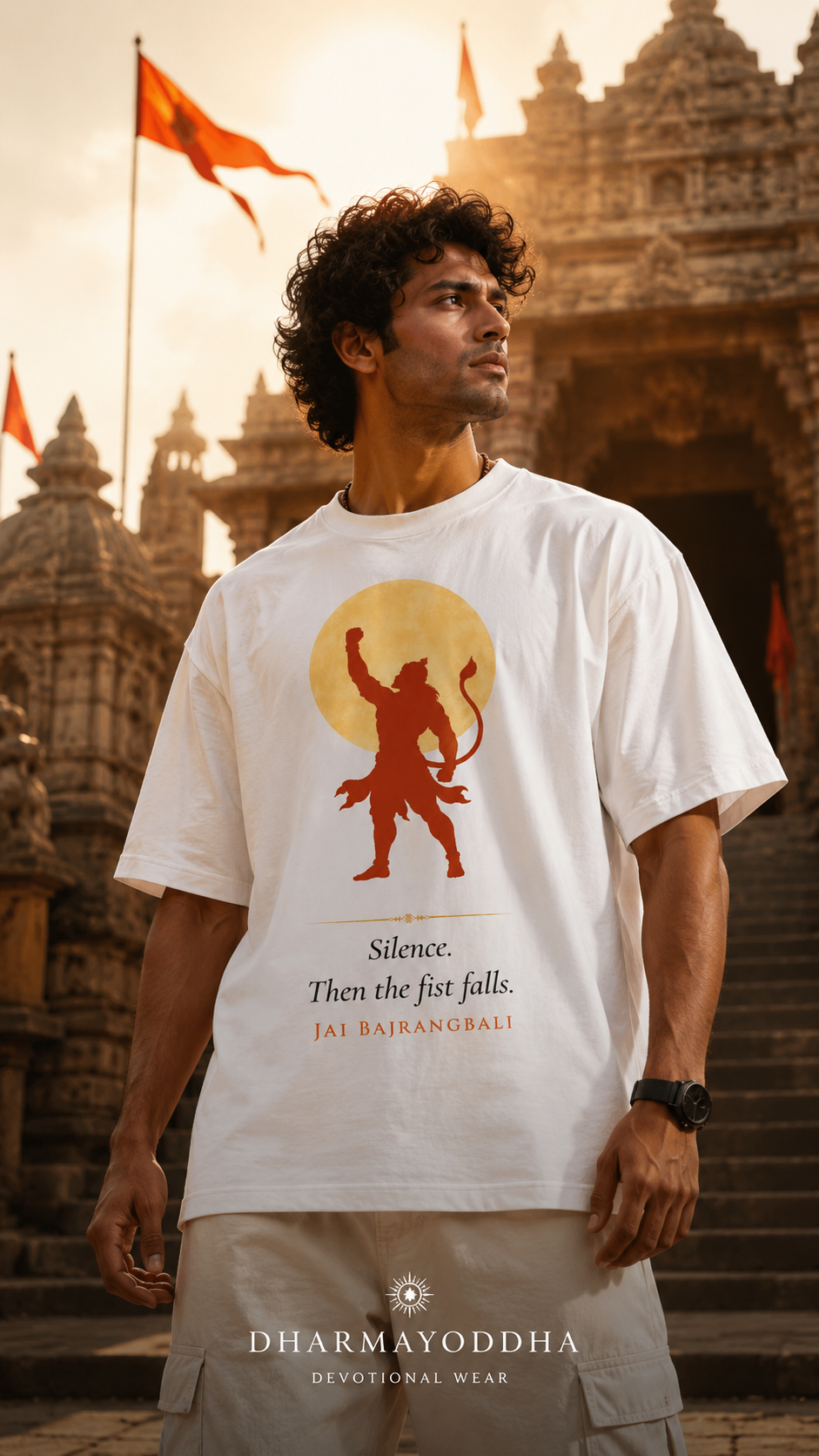 Silence Then The Fist Falls oversized t-shirt in white – Hanuman mythology graphic tee DesiThreads India