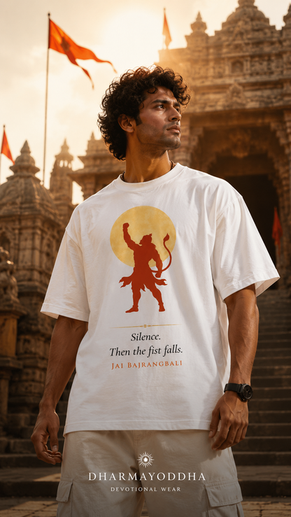 Silence Then The Fist Falls oversized t-shirt in white – Hanuman mythology graphic tee DesiThreads India