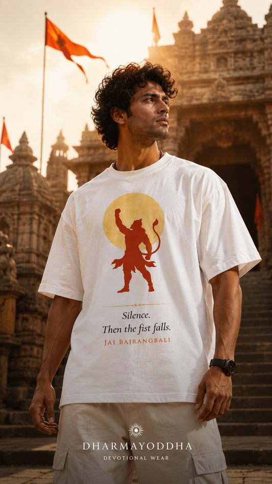 Silence Then The Fist Falls oversized t-shirt in white – Hanuman mythology graphic tee DesiThreads India