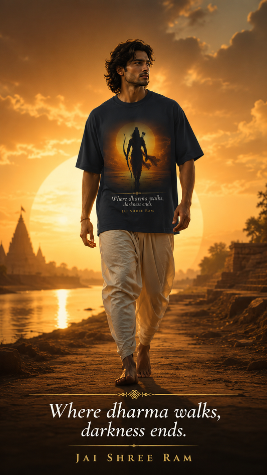 Where Dharma Walks oversized t-shirt in navy blue – Lord Ram dharma mythology graphic tee DesiThreads