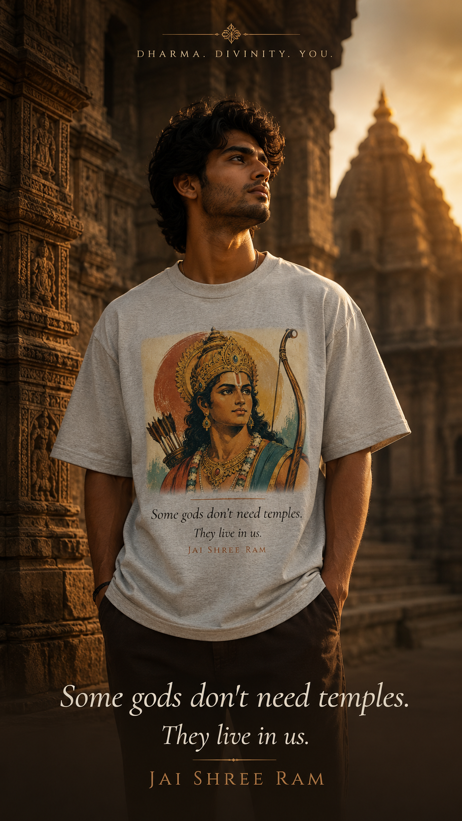 Some Gods Don't Need Temples oversized t-shirt in beige – Hanuman mythology graphic tee DesiThreads India