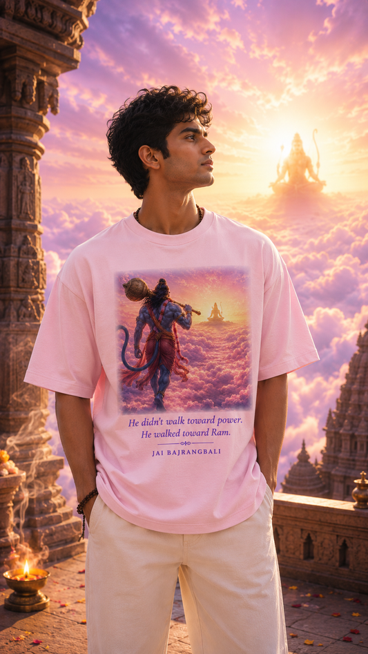 He Walked Toward Ram oversized t-shirt in light pink – Hanuman Ram mythology graphic tee DesiThreads
