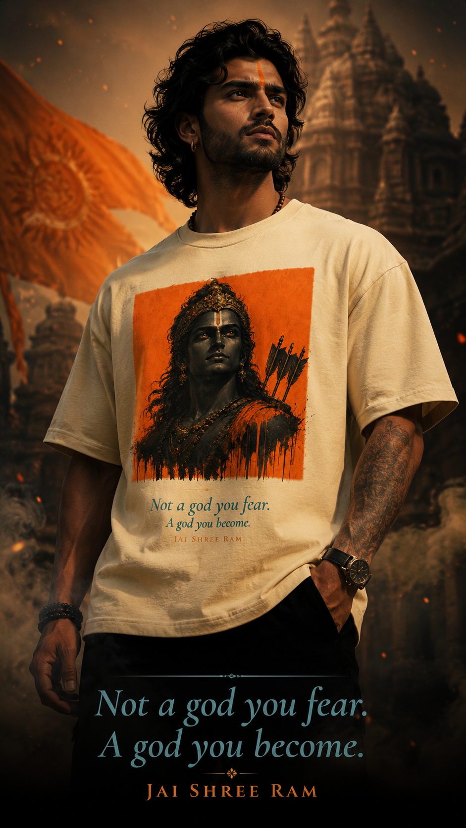 Not A God You Fear oversized t-shirt in beige – Hanuman mythology graphic tee DesiThreads India