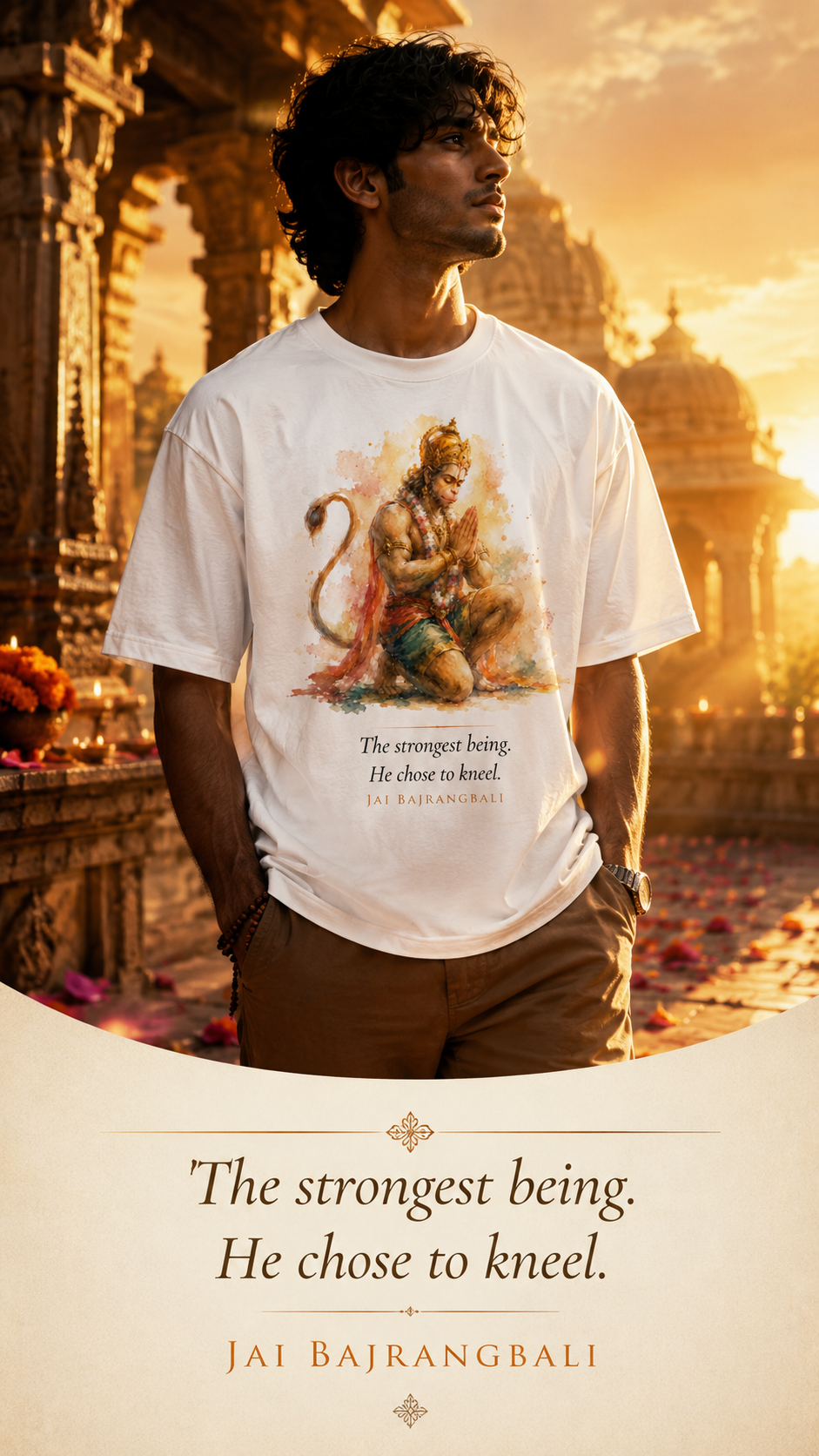 The Strongest Being Chose To Kneel oversized t-shirt in white – Hanuman bowing Ram mythology graphic tee DesiThreads