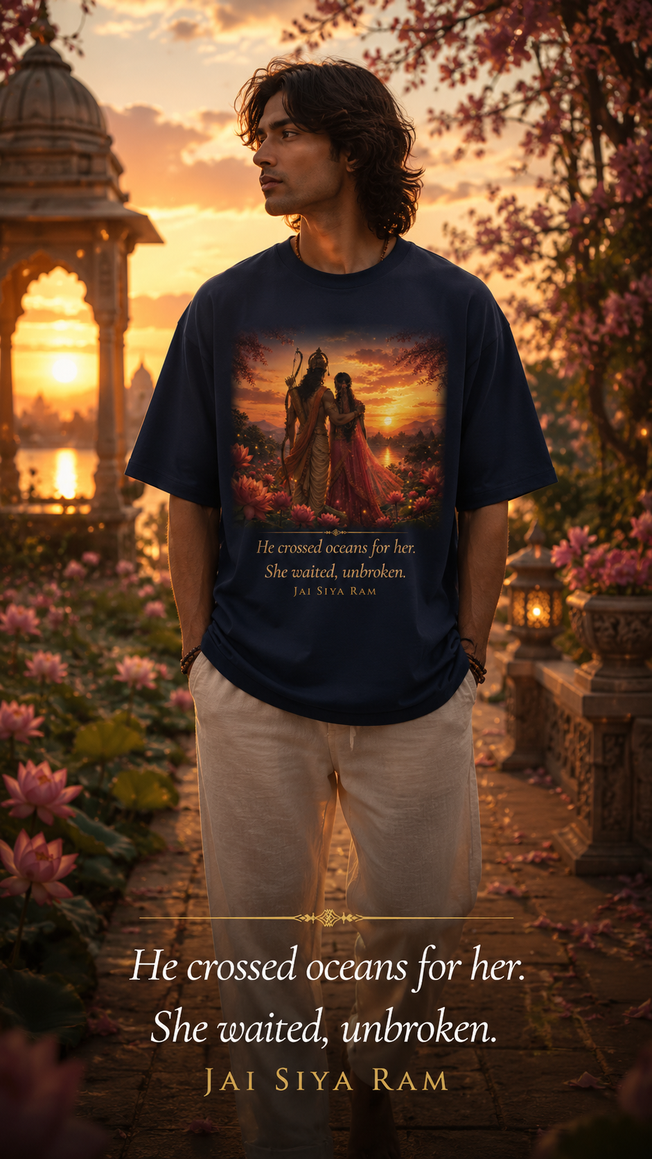 He Crossed Oceans For Her oversized t-shirt in navy blue – Hanuman Sita Ram mythology graphic tee DesiThreads