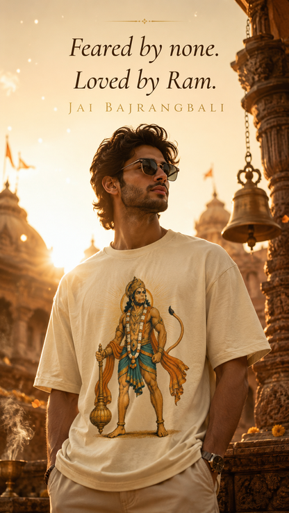 Feared By None oversized t-shirt in beige – Hanuman strength mythology graphic tee DesiThreads India