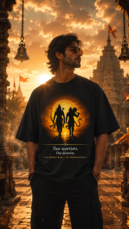 Warriors Glory oversized t-shirt in black – Ram Hanuman mythology graphic tee DesiThreads India