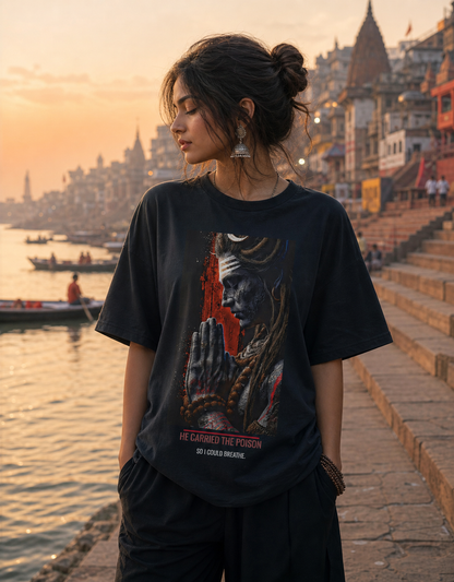 The Neelkanth oversized t-shirt in black – Lord Shiva Neelkanth mythology graphic tee DesiThreads