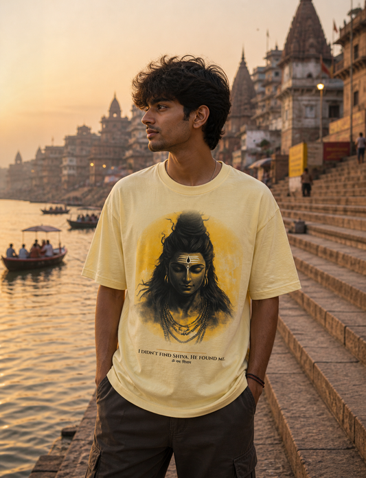 The Awakening Graphic oversized t-shirt in beige – Lord Shiva spiritual awakening tee DesiThreads
