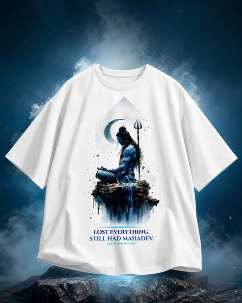 The Unbroken Faith oversized t-shirt in white – Lord Shiva watercolor mythology graphic tee DesiThreads