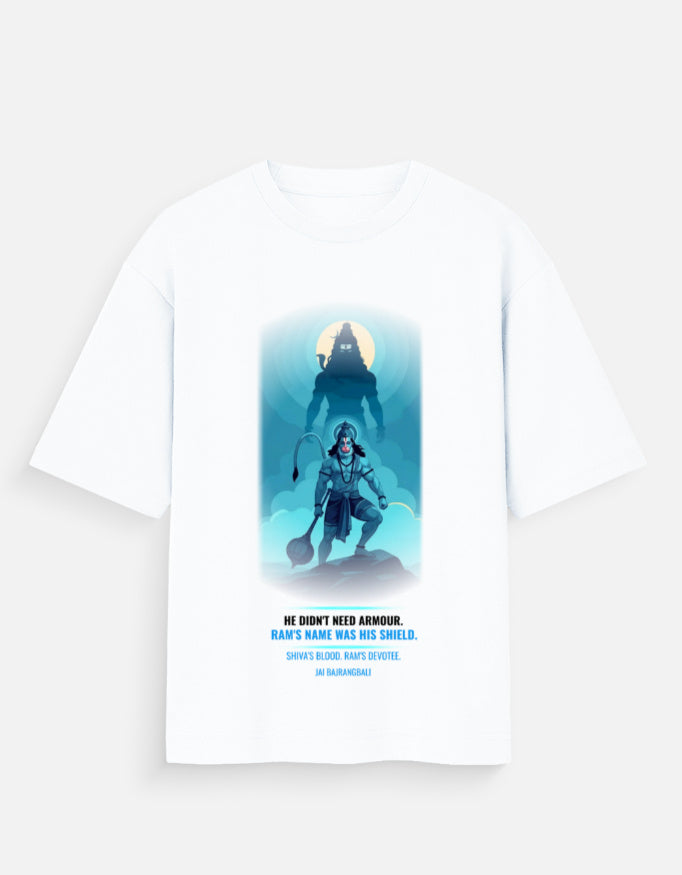 The Shield of Ram oversized t-shirt back – Hanuman Ram mythology DesiThreads India