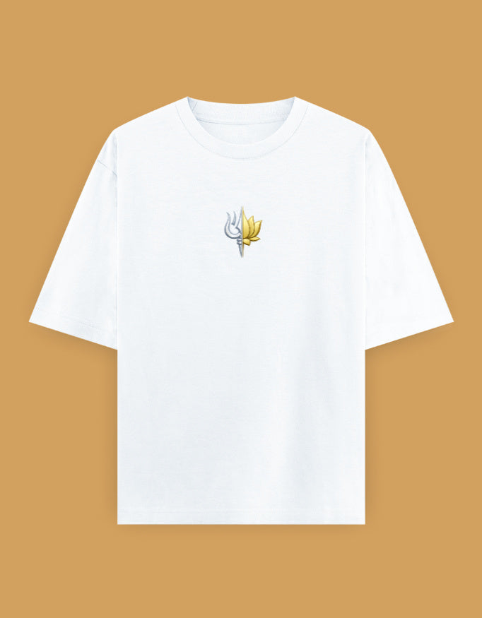 The Ardhanarishvara Oversized T-Shirt - White Front with Trishul Lotus Chest Print - DesiThreads
