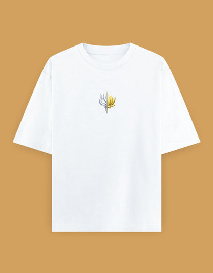 The Ardhanarishvara Oversized T-Shirt - White Front with Trishul Lotus Chest Print - DesiThreads