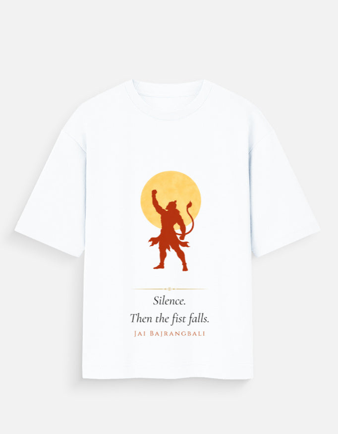 Silence Then The Fist Falls oversized tee front – Hanuman justice spiritual streetwear DesiThreads