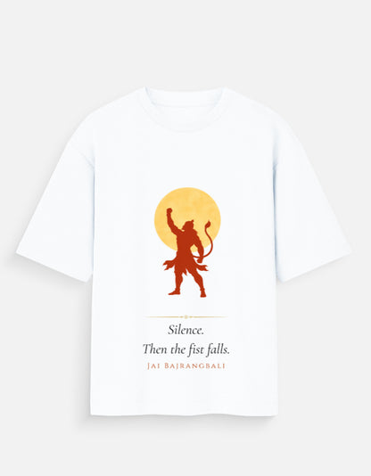 Silence Then The Fist Falls oversized tee front – Hanuman justice spiritual streetwear DesiThreads