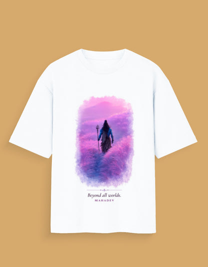 Beyond All Worlds oversized t-shirt in light pink – Mahadev transcendence mythology graphic tee DesiThreads India