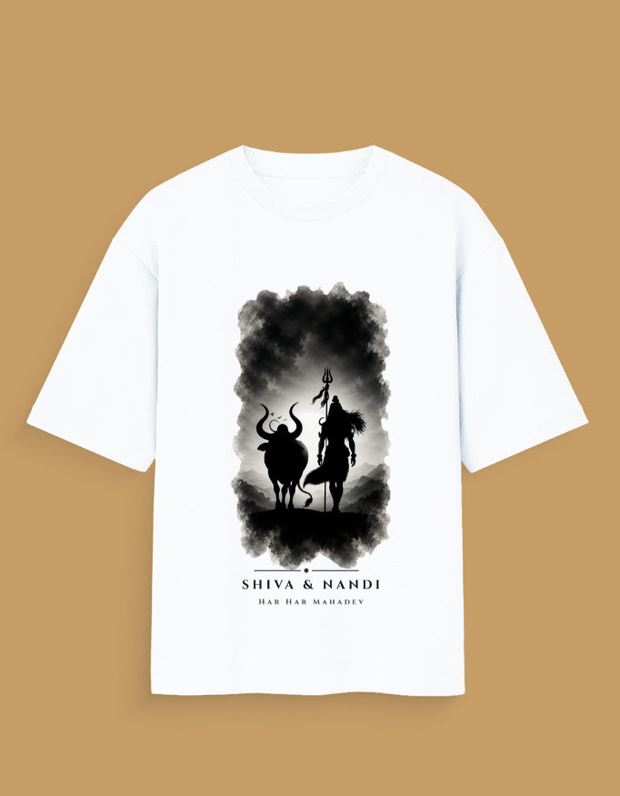 Shiva and Nandi oversized t-shirt in white – Mahadev Nandi mythology graphic tee DesiThreads India