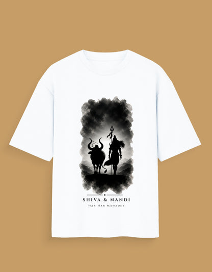 Shiva and Nandi oversized t-shirt in white – Mahadev Nandi mythology graphic tee DesiThreads India