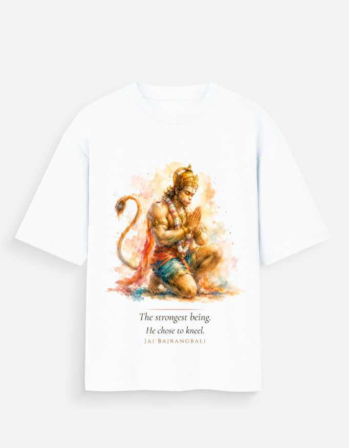 The Strongest Being Chose To Kneel oversized tee front – Hanuman devotion Ram spiritual streetwear DesiThreads
