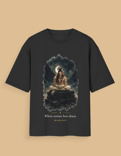 Where Storms Bow Down oversized t-shirt in black – Mahadev meditating mythology graphic tee DesiThreads India