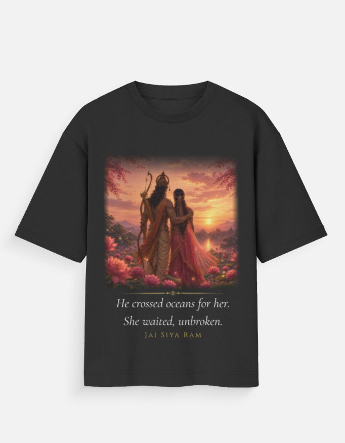 He Crossed Oceans For Her oversized t-shirt – premium 180 GSM cotton Hanuman Sita mythology DesiThreads