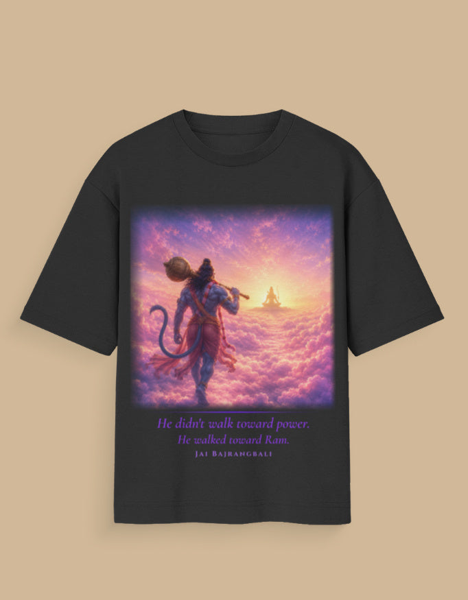 He Walked Toward Ram oversized t-shirt – premium 180 GSM cotton Hanuman Ram mythology DesiThreads