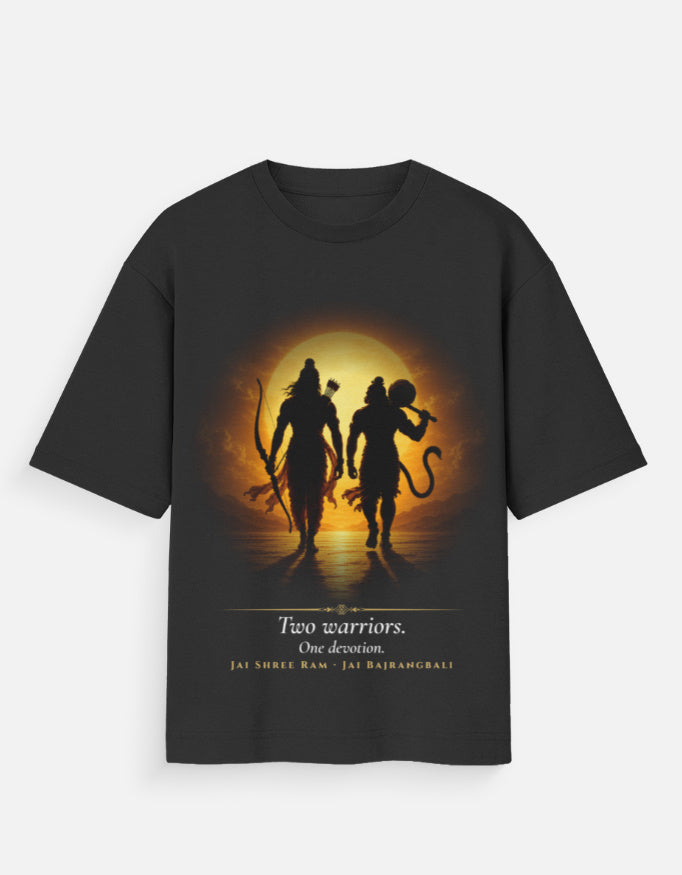 Warriors Glory oversized tee front – Ram Hanuman spiritual streetwear DesiThreads