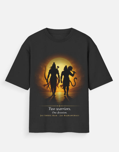 Warriors Glory oversized tee front – Ram Hanuman spiritual streetwear DesiThreads