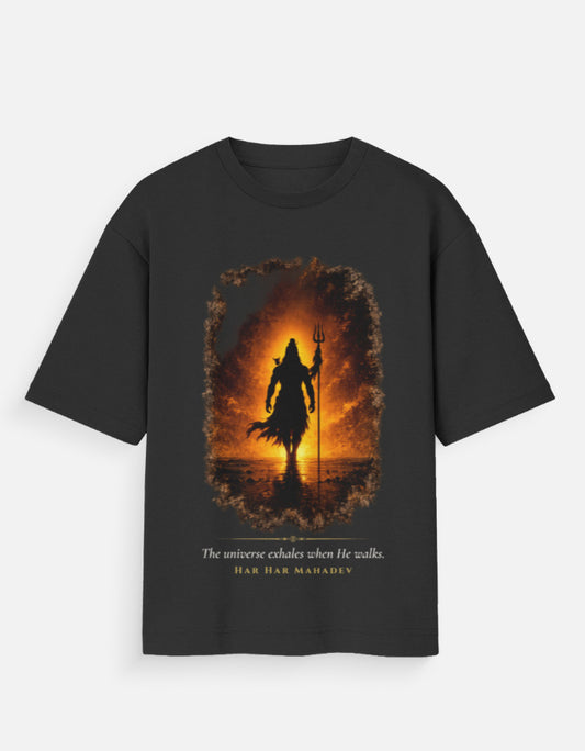 The Universe Exhales When He Walks Mahadev oversized t-shirt in black – Shiva cosmos mythology graphic tee DesiThreads