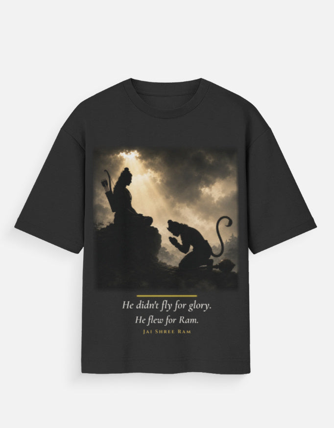 He Flew For Ram oversized tee front – Hanuman devotion Ram spiritual streetwear DesiThreads