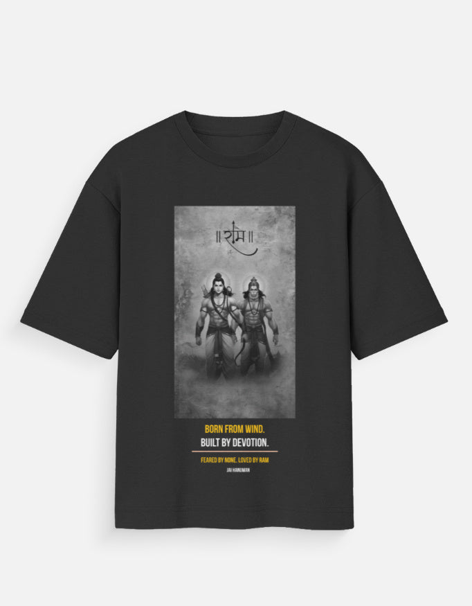The Divine Bond oversized tee front – Ram Hanuman spiritual streetwear DesiThreads