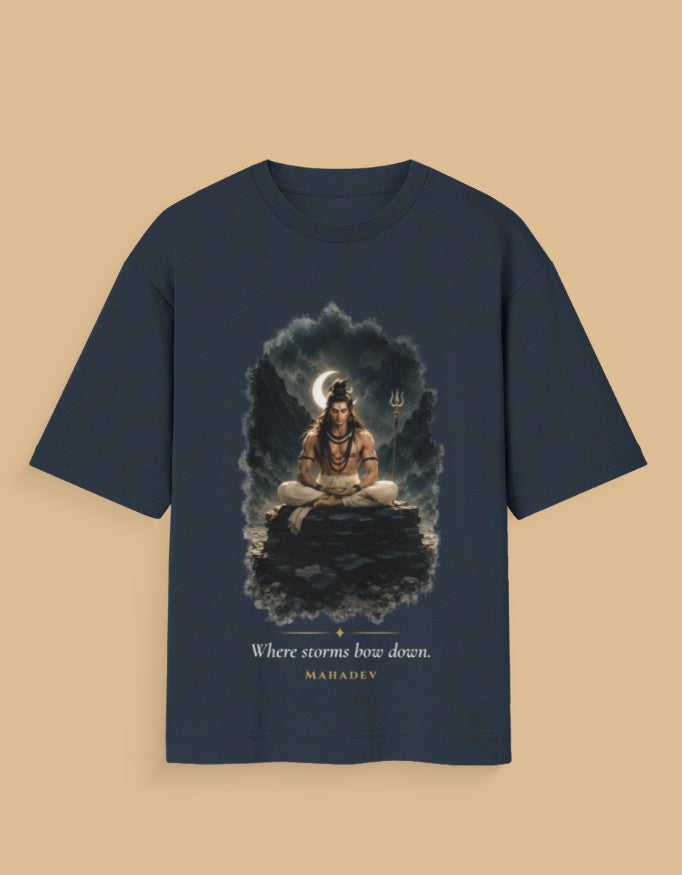Where Storms Bow Down oversized tee front – Mahadev storm stillness spiritual streetwear DesiThreads India