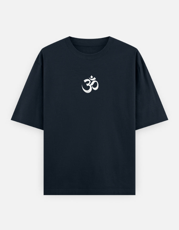 The Adiyogi Oversized T-Shirt - Navy Front with Om Chest Print - DesiThreads