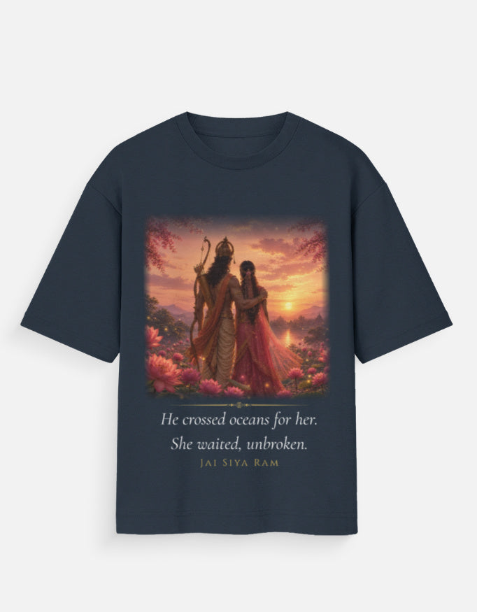 He Crossed Oceans For Her oversized tee front – Hanuman Ram Sita Indian streetwear DesiThreads