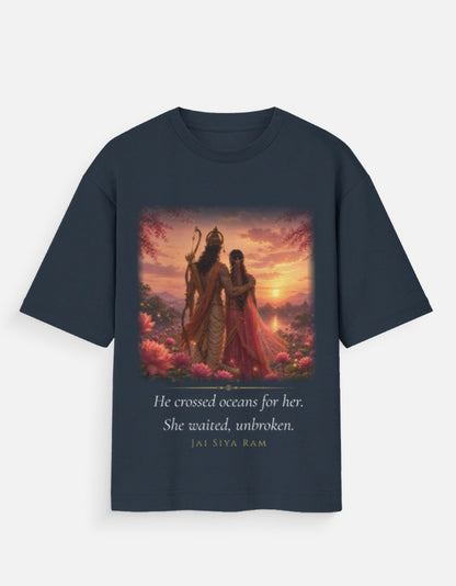 He Crossed Oceans For Her oversized tee front – Hanuman Ram Sita Indian streetwear DesiThreads