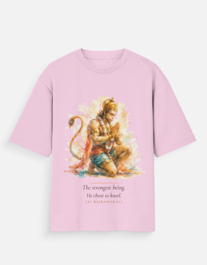 The Strongest Being Chose To Kneel oversized tee white – Hanuman kneeling Ram mythology graphic tee India