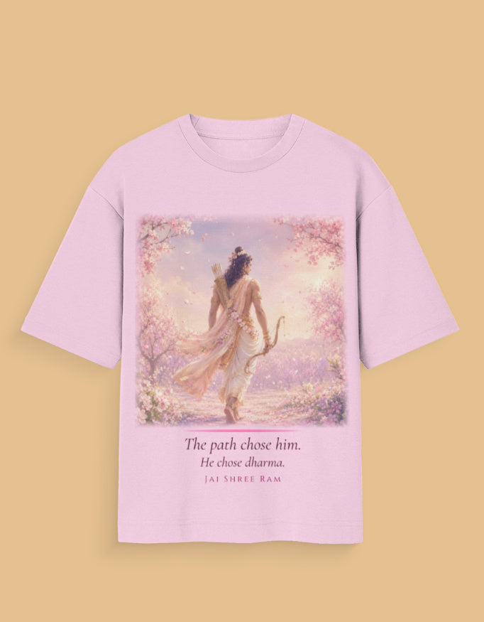 The Path Chose Him oversized t-shirt in light pink – Lord Ram dharma mythology graphic tee DesiThreads